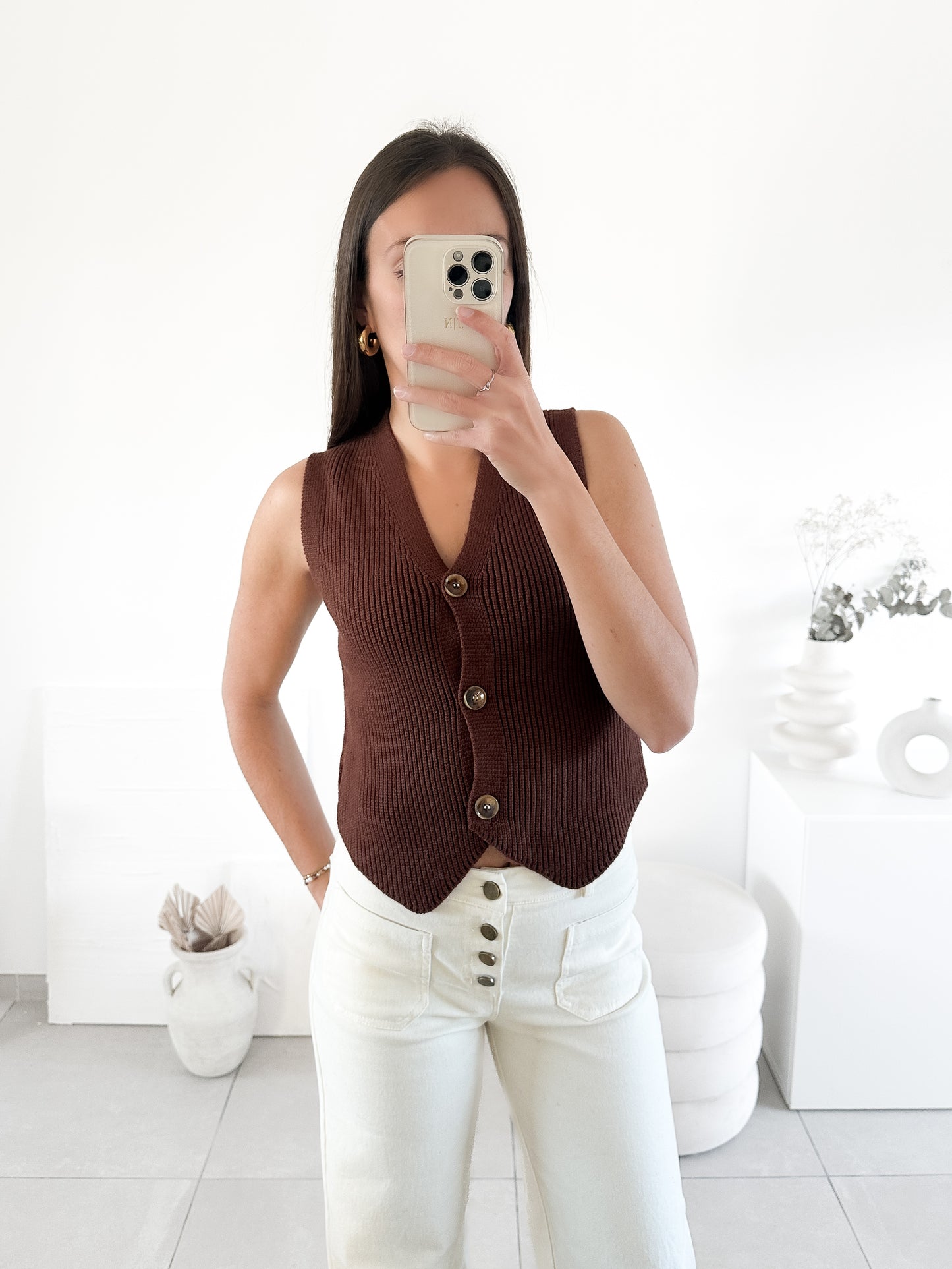 Gilet sans manche en maille marron